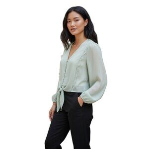 WAYF Green Chiffon Lace Tie Front Blouse V Neck Button Down Size XS NWT